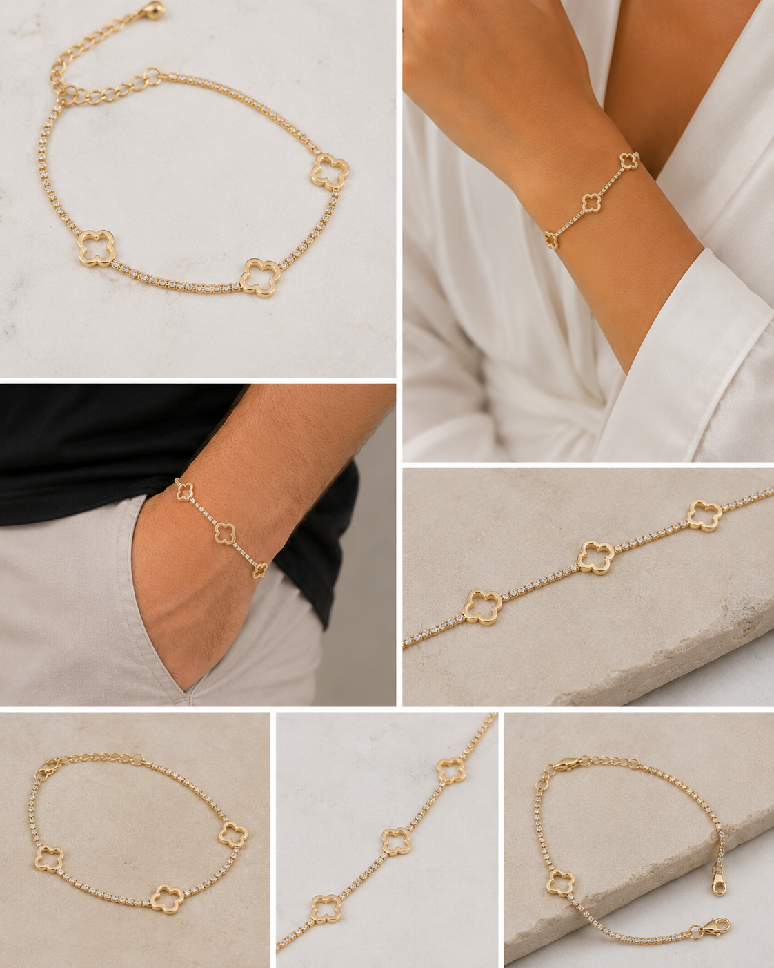 Pulsera Tennis 1.5mm Trebol x3 | Oro laminado