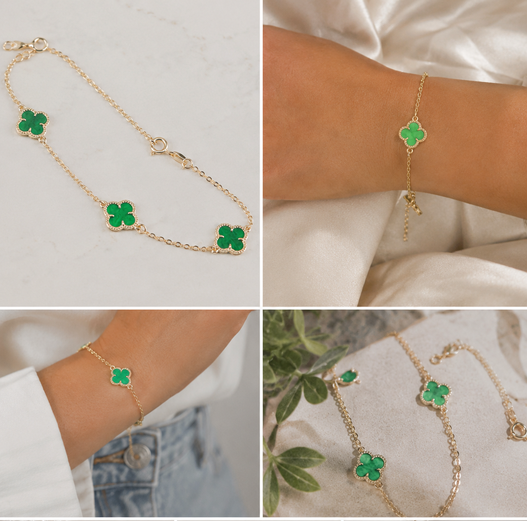 Pulsera Trébol Lux Verde | Oro laminado