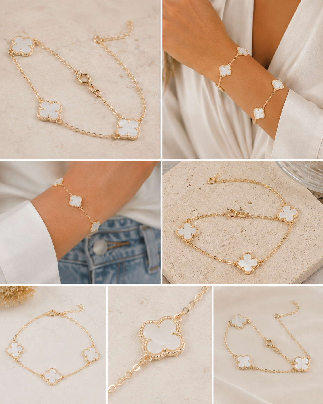 Pulsera Trébol Lux Blanco | Oro laminado