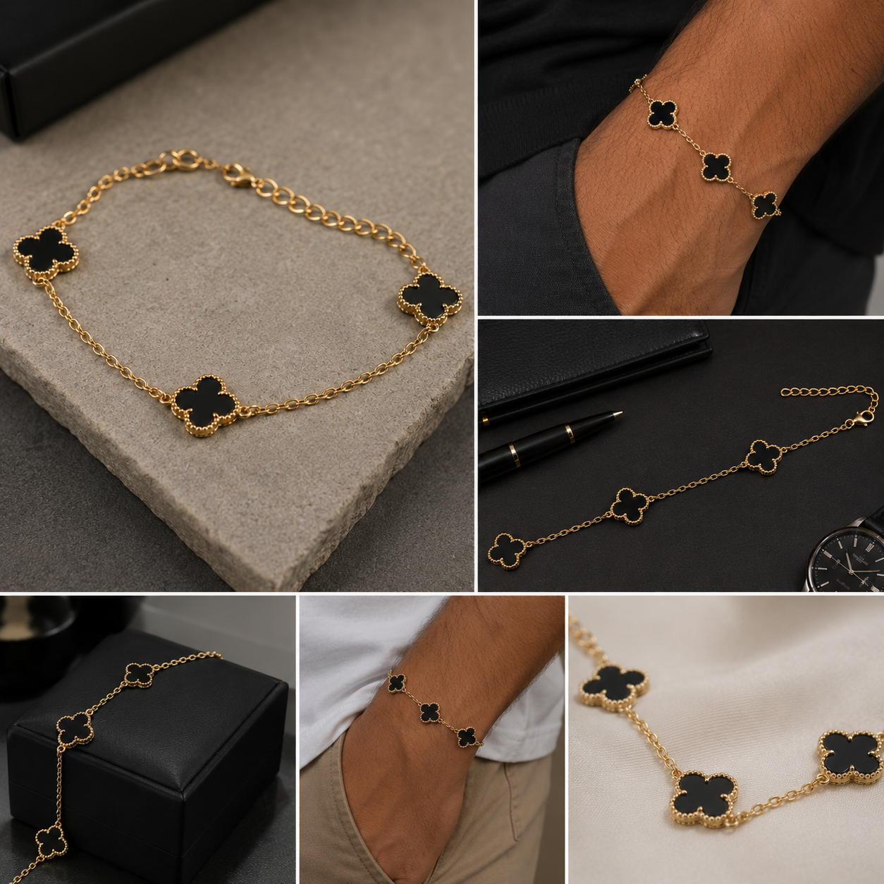Pulsera Trébol Lux Negro | Oro laminado